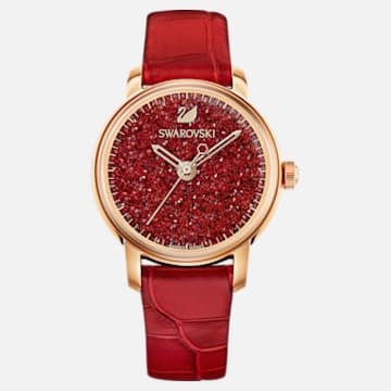 Crystalline Hours Watch, Leather strap, Red, Rose-gold tone PVD by SWAROVSKI