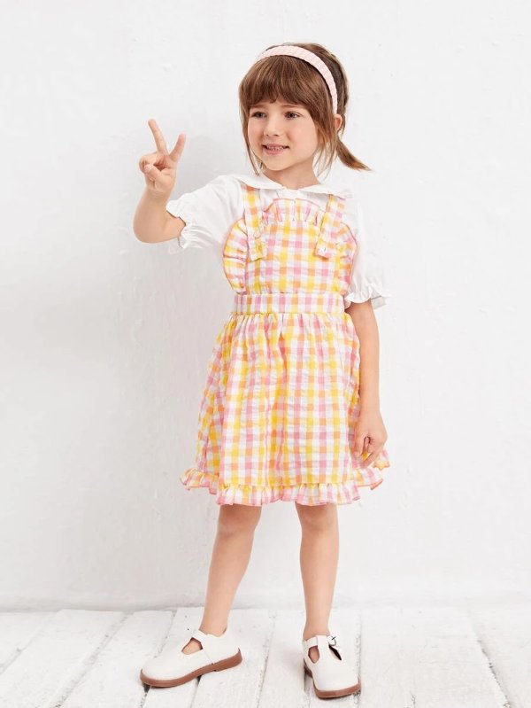 Toddler Girls Gingham Ruffle Trim Overall Dress