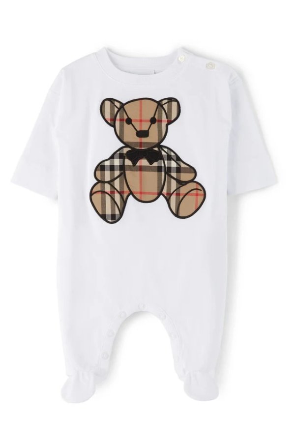 Baby White Thomas Bear Applique Jumpsuit