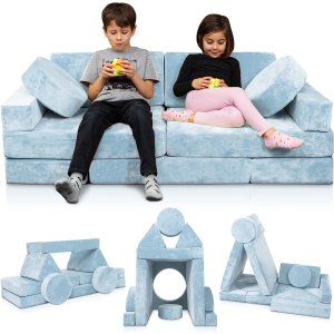Lunix LX15 14pcs Modular Kids Play Couch, Child Sectional Sofa, Fortplay Bedroom and Playroom Furniture for Toddlers, Convertible Foam and Floor Cushion for Boys and Girls, Blue