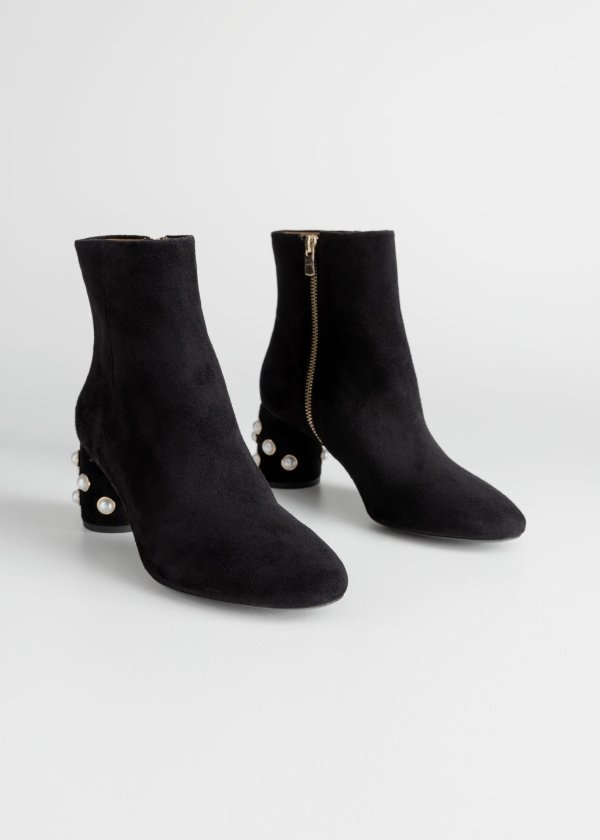 Suede Pearl Stud Ankle Boots