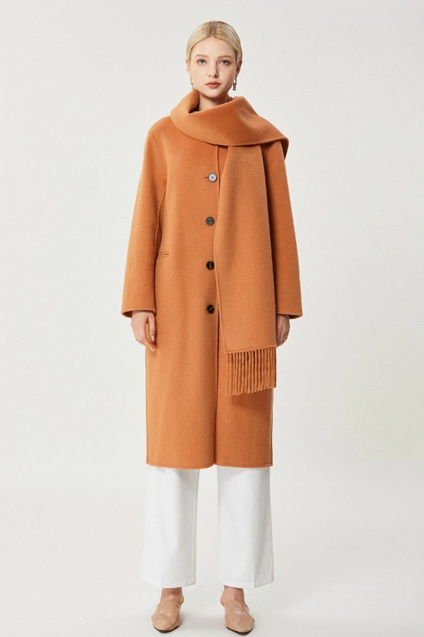 橘色围巾领双面羊毛大衣