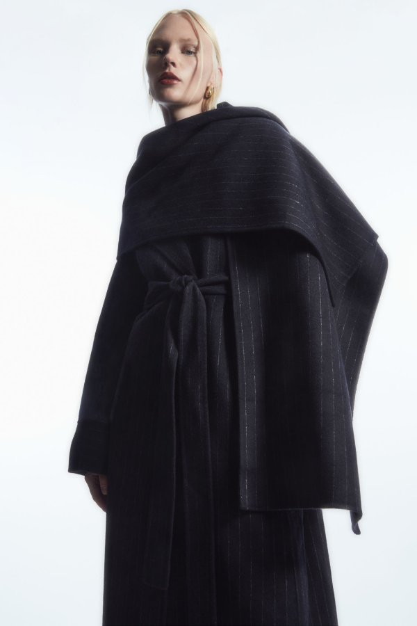 OVERSIZED PINSTRIPED WOOL SCARF COAT - NAVY / PINSTRIPED - Coats and Jackets - COS