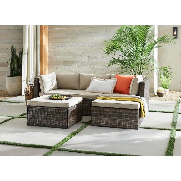 Valley Peak 3-Piece All-Weather Brown Wicker Sectional Outdoor Patio Set with Beige Cushions
