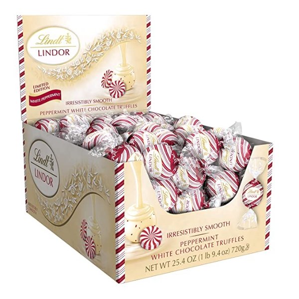 Lindt LINDOR Holiday White Chocolate Peppermint Truffles, White Chocolate Candy with Smooth Peppermint Truffle Center, 25.4 oz., 60 Count (2022)