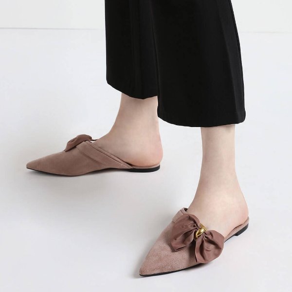 Nude Oversized Bow Asymmetric-Cut Textured Mules