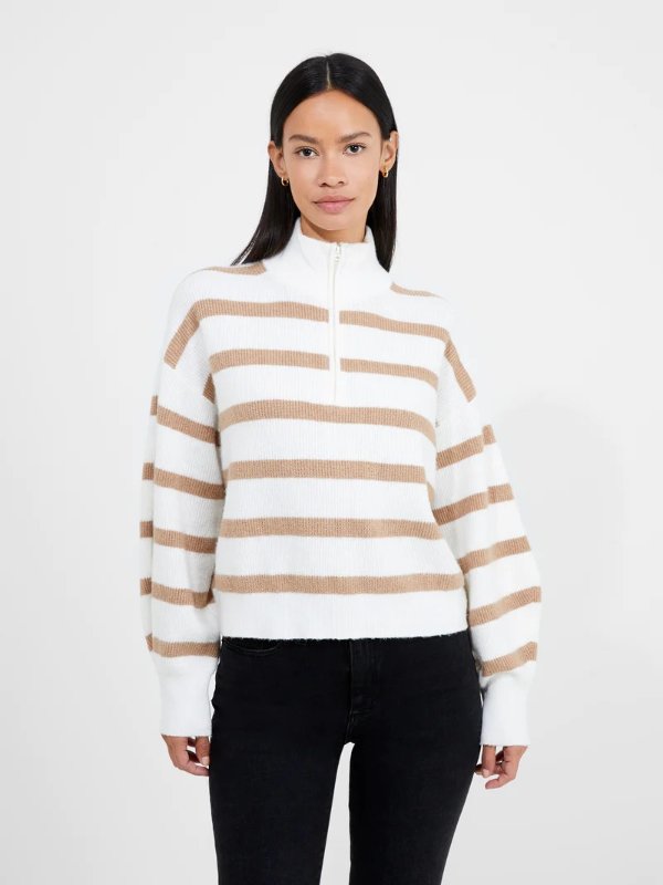 Vhari Recycled Striped Half Zip Sweater Winter White/ Camel | French Connection USVhari Recycled Striped Half Zip Sweater