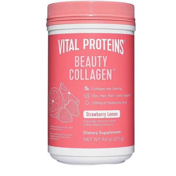 Beauty Collagen Peptides Powder Supplement for Women, 120mg of Hyaluronic Acid - 15g of Collagen Per Serving - Enhance Skin Elasticity and Hydration - Strawberry Lemon - 9.6oz Canister