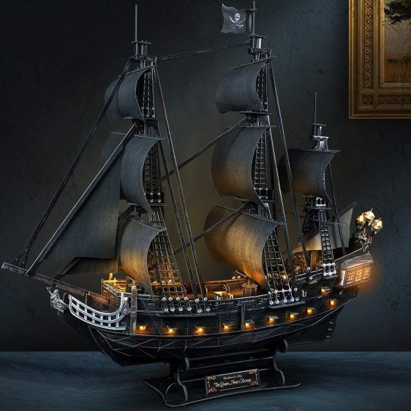 CubicFun 3D Puzzle for Adults Moveable LED Pirate Ship Desk Decorations with Detailed Interior