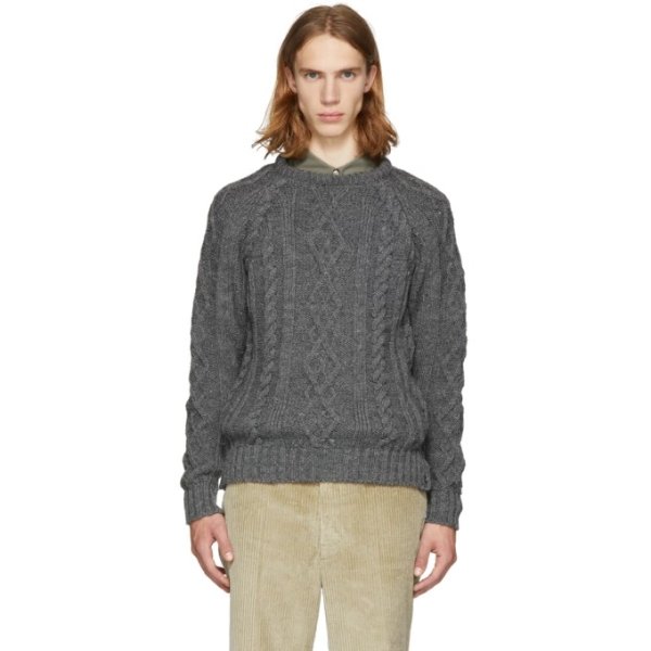 - Grey Aran Cable Knit Raglan Sweater