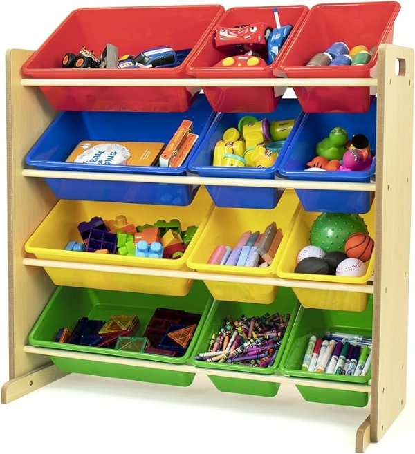 Kids' Toy Storage Organizer with 12 Plastic Bins, Natural/Primary (Primary Collection)