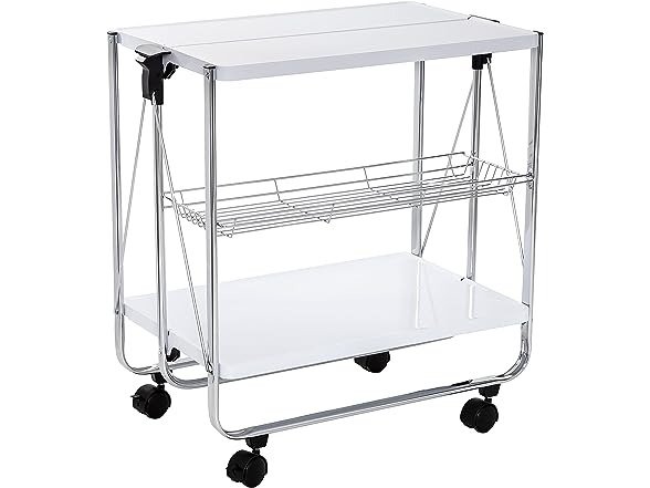 Modern Foldable Kitchen Cart with Wheels and Metal Basket, White/Chrome CRT-09606 White