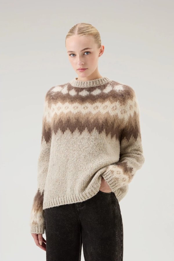 Fair Isle Pullover in Wool and Mohair Blend Milky Cream