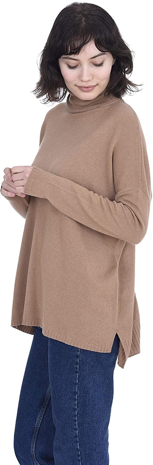 Oversized Tunic Side Slits Turtleneck Pullover 100% Pure Cashmere Long Sleeve Sweater for Women