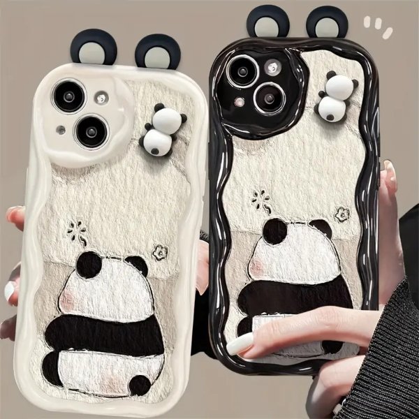Cute 3D Ears Panda Wavy Phone Case For iPhone 15 14 13 12 12 11 Pro Max Lovely Kawaii Animal Soft Shockproof Cover