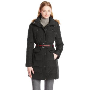 Tommy Hilfiger Women's Down Coat with Faux Fur Trim Hood and Striped Belt
