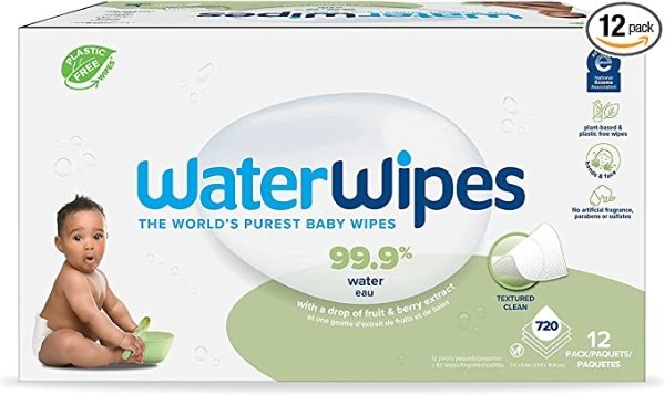 Plastic-Free Textured Clean, Toddler & Baby Wipes, 99.9% Water Based Wipes, Unscented & Hypoallergenic for Sensitive Skin, 720 Count (12 packs), Packaging May Vary