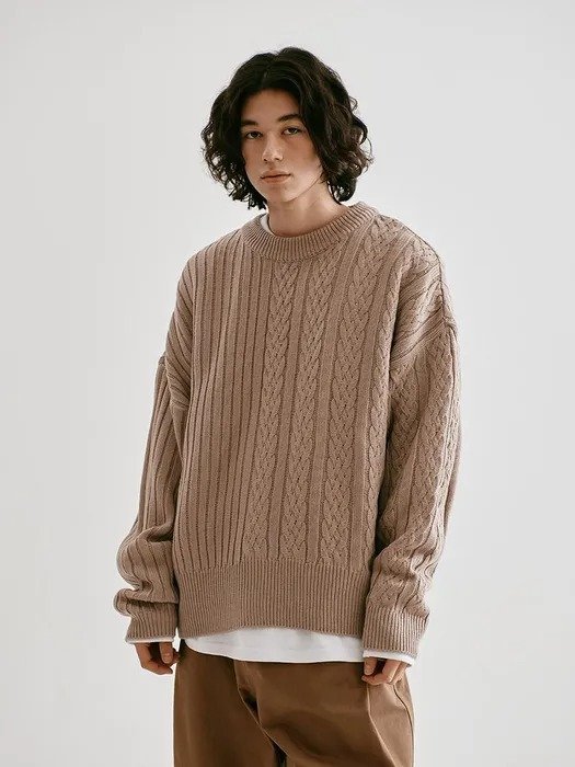 Half-cable Knit Pullover Sweater Beige