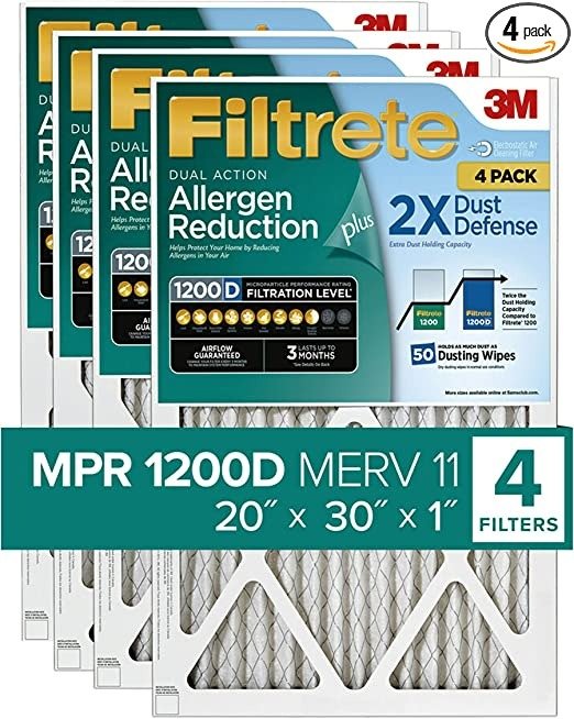 20x30x1 Air Filter MPR 1200D MERV 11, Allergen Reduction Plus Dust, 4-Pack Filters (exact dimensions 19.81x29.81x0.81 )