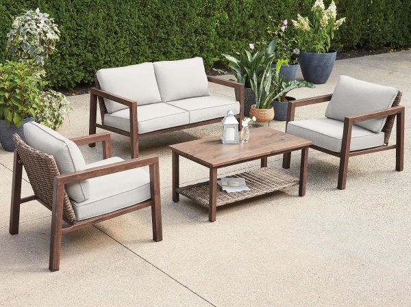 Willow Springs 4-Piece Wicker Outdoor Conversation Set with Cushions, Brown/Gray
