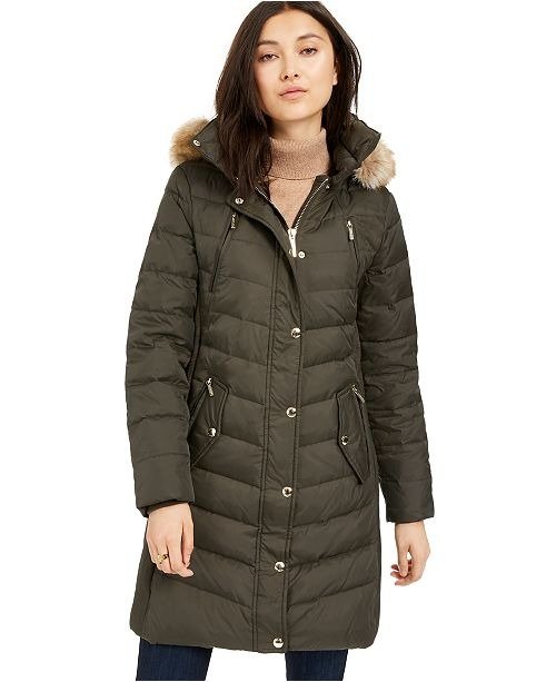 Faux-Fur-Trim Hooded Down Puffer Coat, Created For Macy's