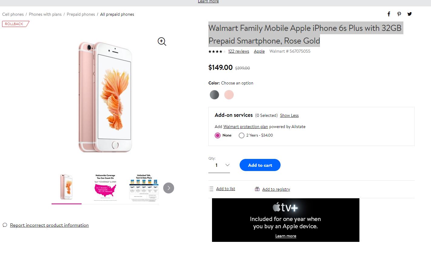 Walmart Family Mobile Apple iPhone 6s Plus with 32GB Prepaid Smartphone, Rose Gold手机