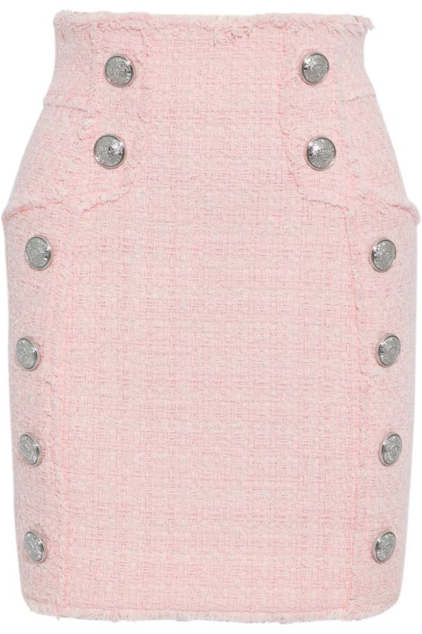 Button-embellished cotton-blend tweed mini skirt