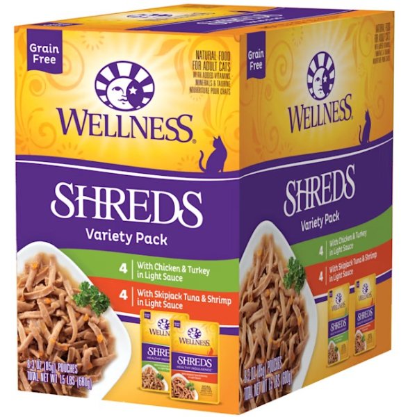 Wellness Complete Health Healthy Indulgence Grain Free Shreds Variety Pack Wet Cat Food, 3 oz., Count of 8 | Petco