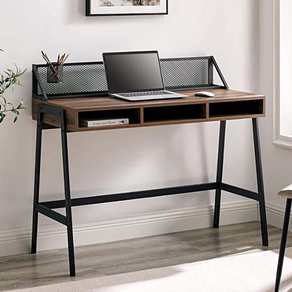 Industrial Mesh Wood Laptop Computer Writing Desk Home Office Workstation Small, 42 Inch, Rustic Oak