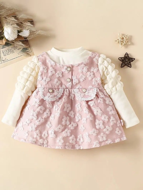 Girls Cute Floral Pattern Long Sleeve Button Decor Dress Clothes | Shop The Latest Trends | Temu