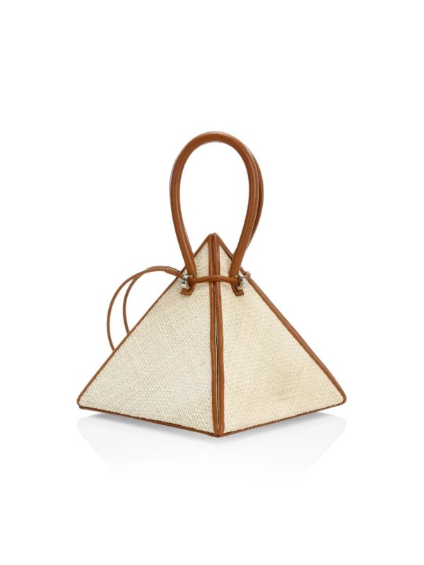 - Lia Pyramid Leather-Trimmed Raffia Top Handle Bag