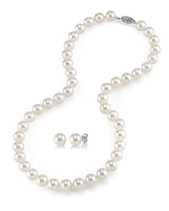 14K Gold AAAA Quality Round White Freshwater Cultured Pearl Necklace & Earrings Set in 18" Princess Length for Women