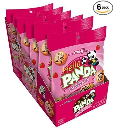 Hello Panda Cookies, Strawberry Creme Filled - 2.2 oz, Pack of 6 - Bite Sized Cookies with Fun Panda Sports