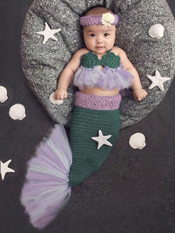 Newborn Girl Photography Ruffle Hem Top & Appliques Mermaid Tail & Headband