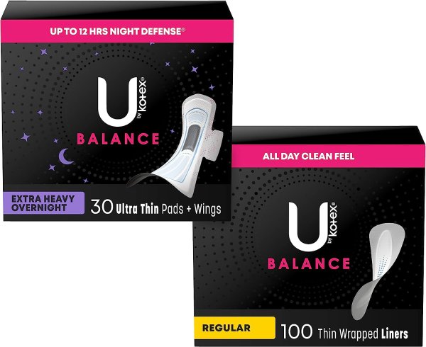 U by Kotex Balance Period Kit: Ultra Thin Overnight Pads with Wings,  Extra Heavy Absorbency, 30 Count and Daily Wrapped Panty Liners 18.98