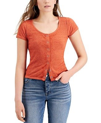Juniors' Snap-Front Ribbed Top