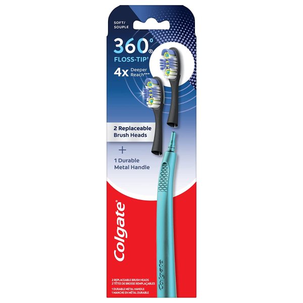 360 Floss Tip Replaceable Head Toothbrush Starter Kit, 2 Brush Heads and Metal Handle
