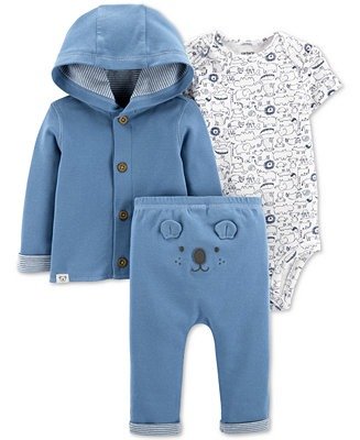 Baby Boys Cotton Cardigan, Printed Bodysuit & Bear Pants