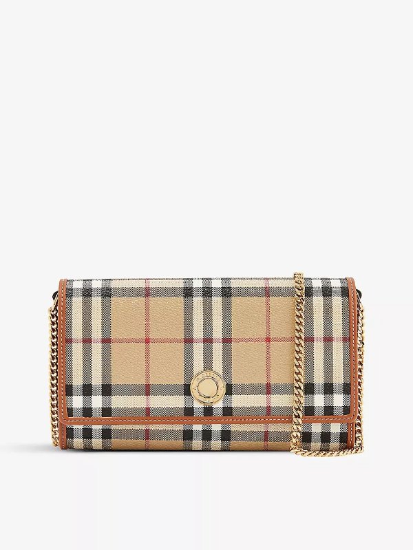 Hannah check-print woven and leather wallet-on-chain