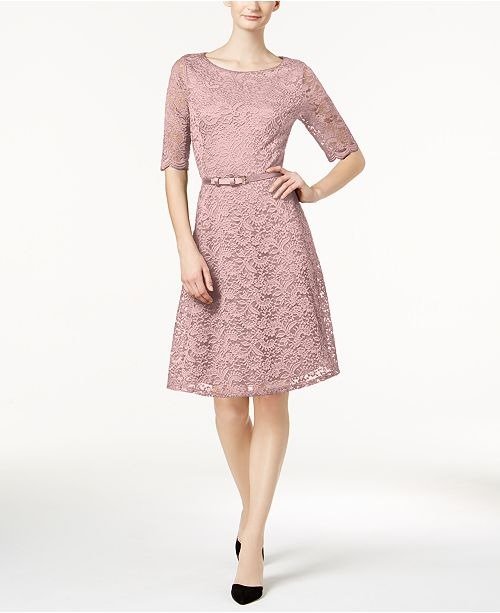 Petite Belted Lace Dress, Created for Macy's