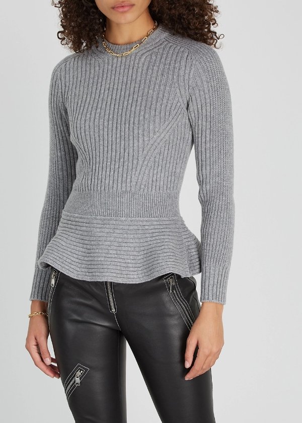 Grey ribbed wool-blend jumper
