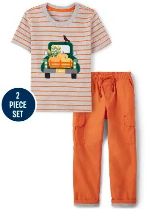 Boys Short Sleeve Striped Embroidered Truck Top And Pull On Poplin Cargo Pants Set - Perfect Pumpkin | Gymboree - MULTI CLR