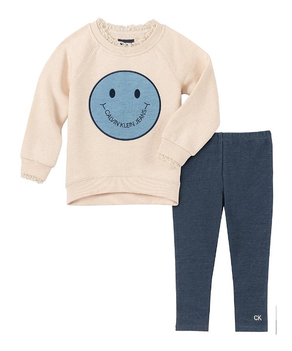 Peach & Blue Smiley-Face Lace-Accent Sweatshirt & Navy Leggings - Infant