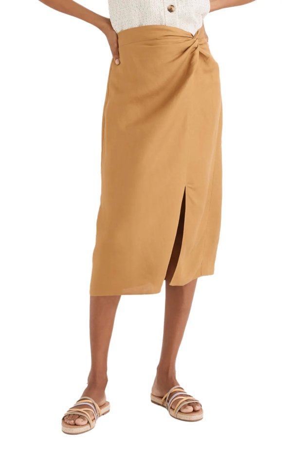 Linen Blend Knotted Midi Skirt