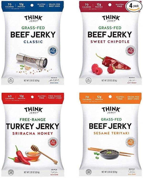 Jerky Variety Pack by Think Jerky — Delicious Chef Crafted Jerky — 100% All-Natural Grass-Fed Beef and Free-Range Turkey — Healthy Protein Snack Low in Calories, Salt and Fat — 2.2 Ounce (4 Pack)