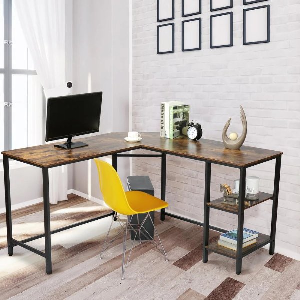 Industrial 55 in. L Shaped Brown Wood Writing and Gaming Desk with Shelf