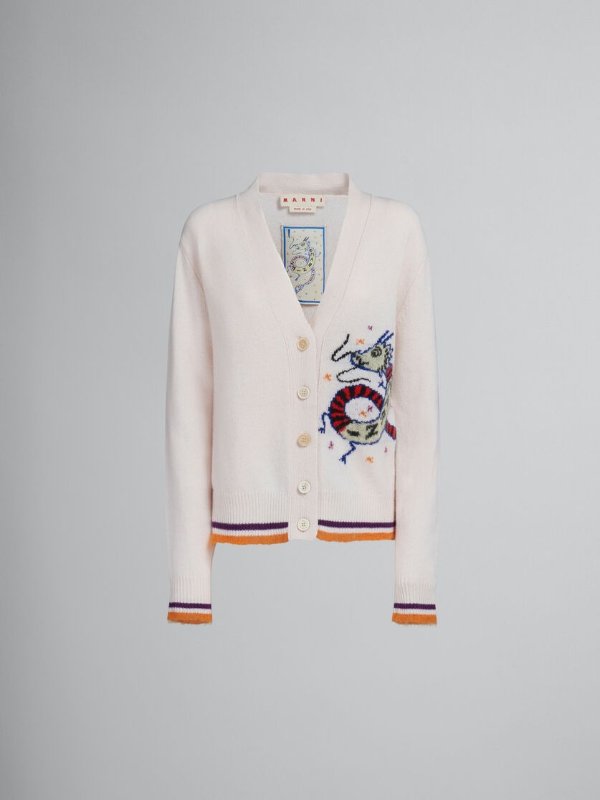White wool-cashmere blend cardigan with jacquard dragon