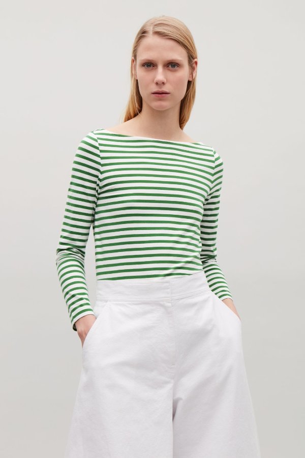 WIDE-NECK STRIPED TOP - Grass Green - Long-sleeve T-shirts - COS US