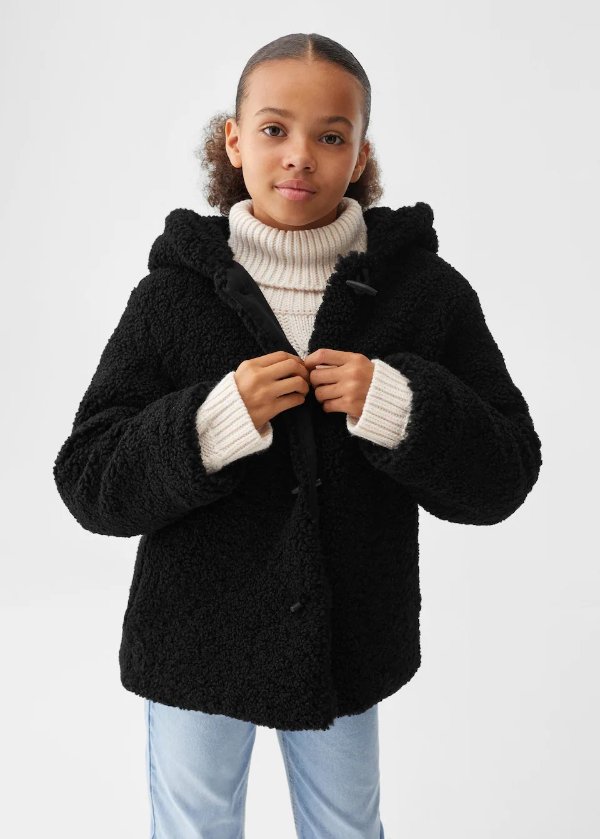 Shearling-effect hooded coat - Girls | Mango Kids USA