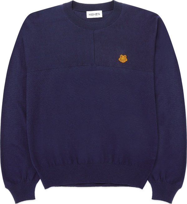 - Tiger Crest Oversized Knit Pullover Sweater - Navy Blue